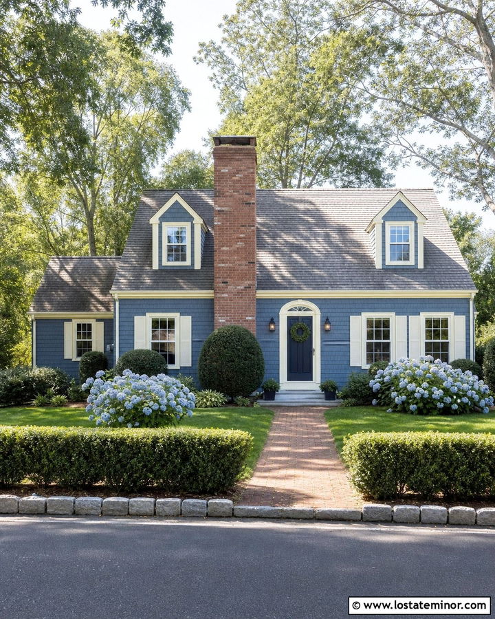 Denim Blue Cape Cod With Brick Chimney - 30 Denim Blue House Design With Brick Accents Ideas
