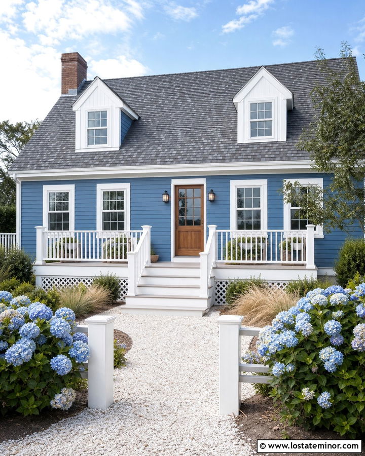 Denim Blue Cape Cod With Coastal Deck - 30 Denim Blue House Design With Deck Ideas