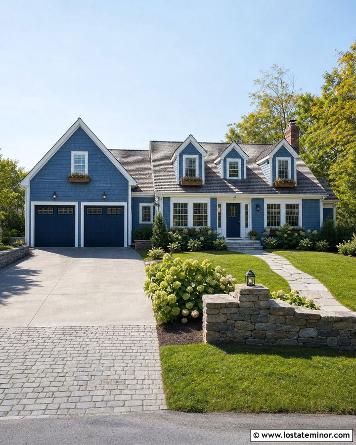 Denim Blue Cape Cod With Cobblestone Driveway Apron - 30 Denim Blue House Design With Driveway Ideas