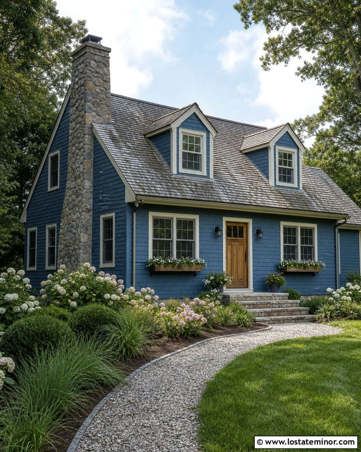 Denim Blue Cape Cod With Fieldstone Chimney - 30 Denim Blue House Design With Stone Accents Ideas
