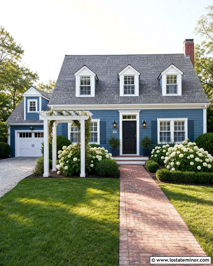 Denim Blue Cape Cod With Garden Pergola - 30 Denim Blue House Design With Pergola Ideas