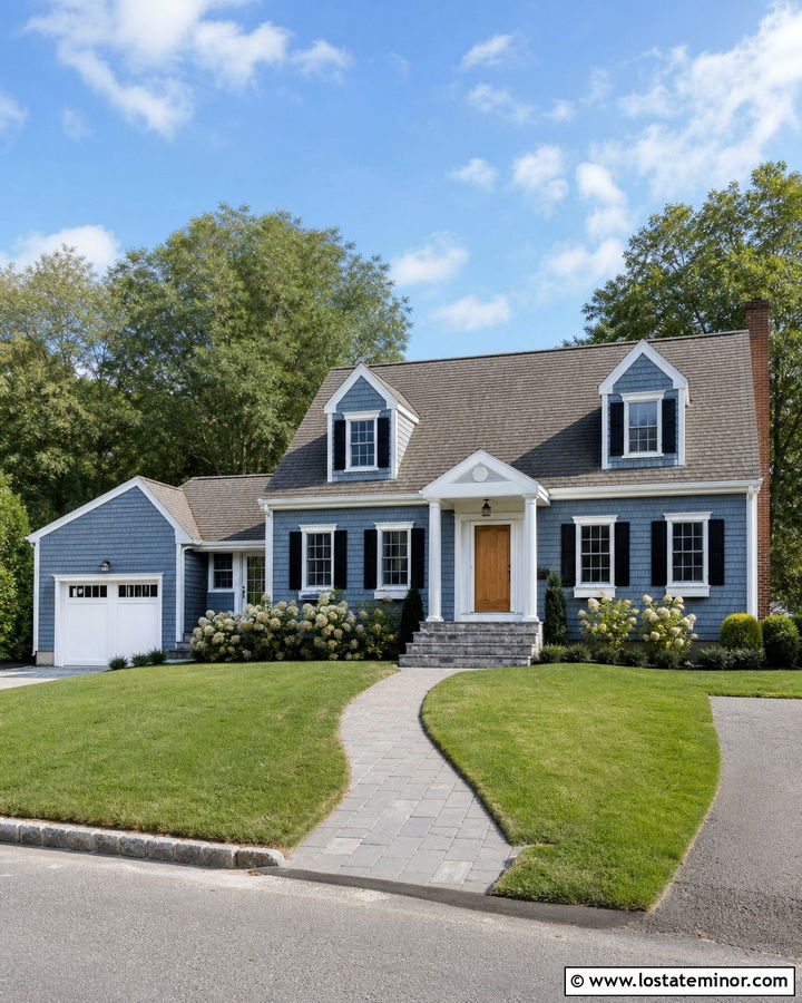 Denim Blue Cape Cod With Gray Paver Steps - 30 Denim Blue House Design With Steps Ideas