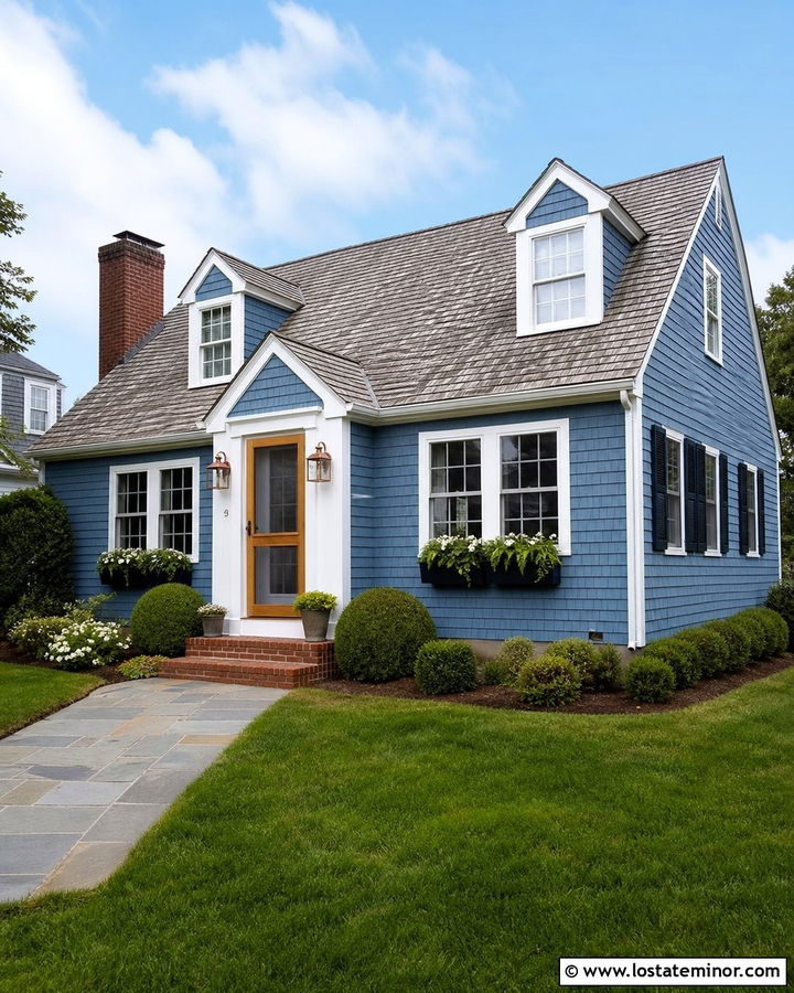 Denim Blue Cape Cod With Natural Wood Screen Door - 30 Denim Blue House Design With Screen Door Ideas