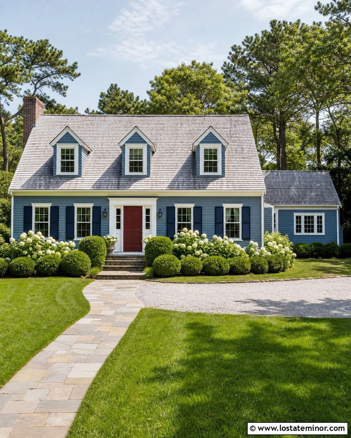 Denim Blue Cape Cod With Navy Shutters - 30 Denim Blue House Design With Shutters Ideas