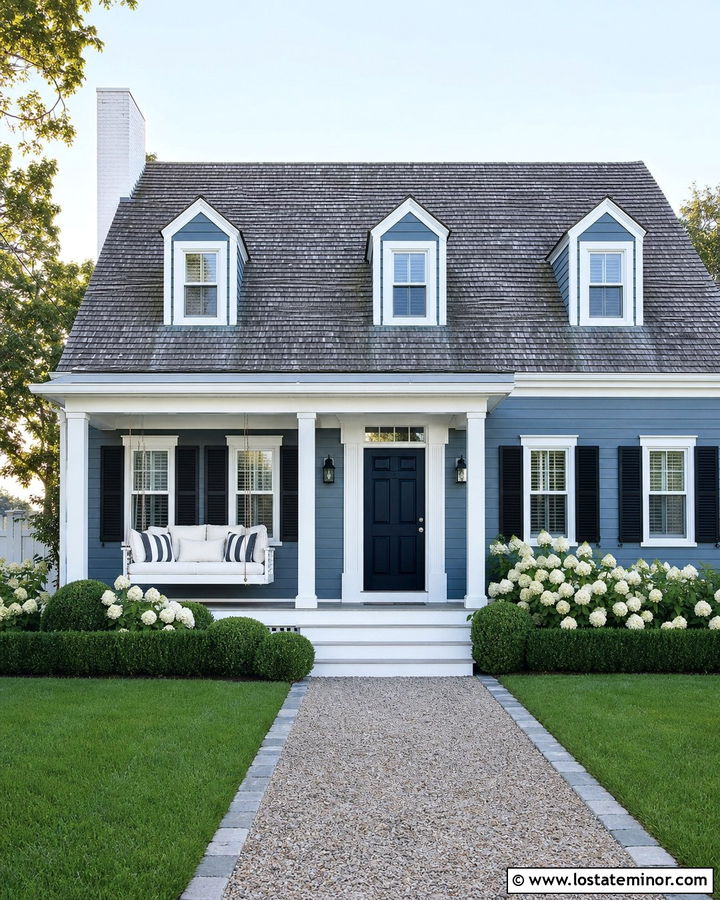 Denim Blue Cape Cod With Porch Bed Swing - 30 Denim Blue House Design With Swing Ideas