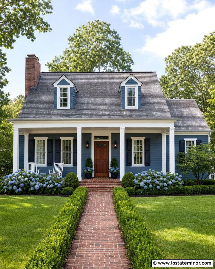 Denim Blue Cape Cod With Slim White Columns - 30 Denim Blue House Design With Porch Columns Ideas
