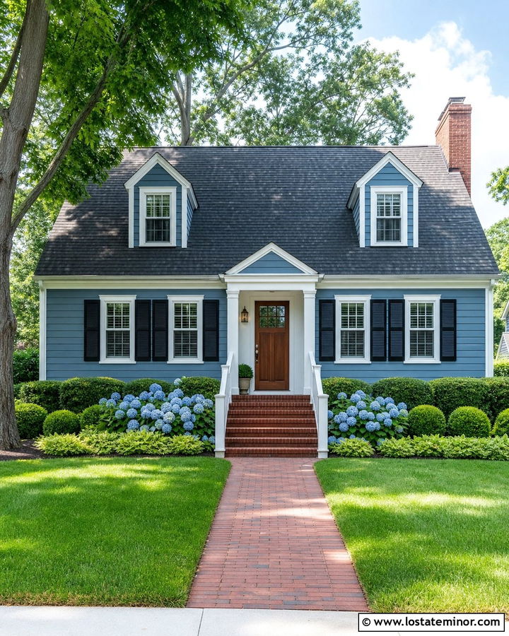 Denim Blue Cape Cod With Square Railings - 30 Denim Blue House Design With Railings Ideas