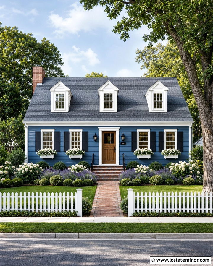 Denim Blue Cape Cod With White Roses And Picket Fence - 30 Denim Blue House Design With Landscaping Ideas