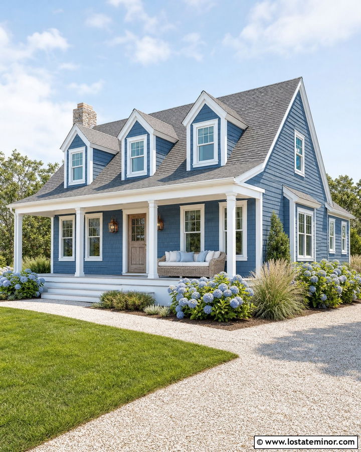 Denim Blue Cape Cod With Wicker Daybed - 30 Denim Blue House Design With Daybed Ideas