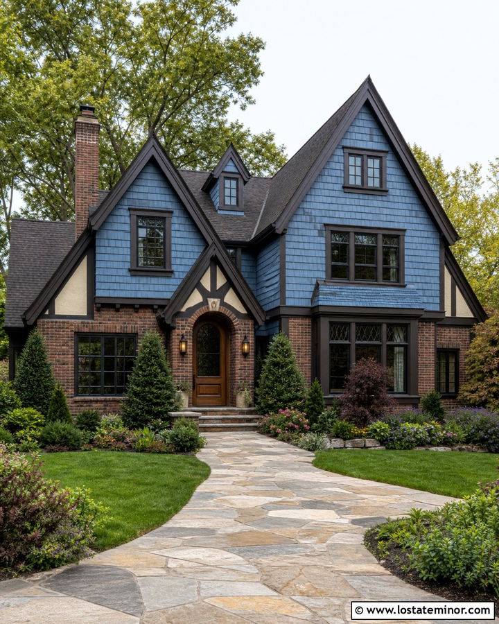 Denim Blue Cedar Shake Tudor House - 30 Denim Blue House Design With Cedar Shake Ideas