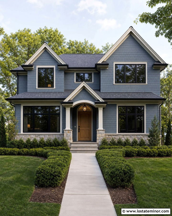 Denim Blue Cedar Shake With Black Windows - 30 Denim Blue House Design With Cedar Shake Ideas