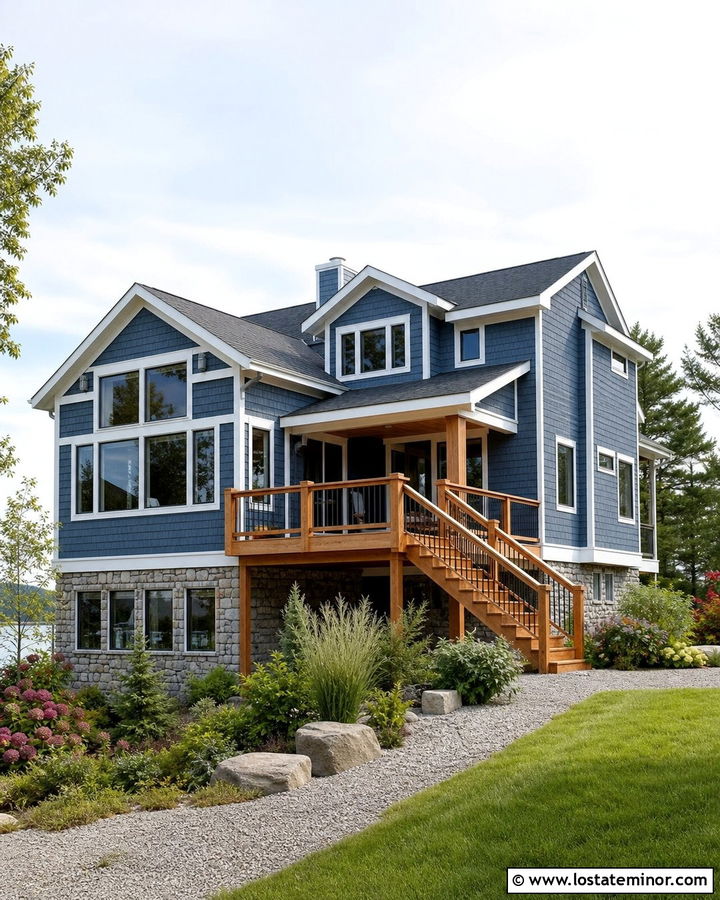 Denim Blue Cedar Shake With Cedar Deck - 30 Denim Blue House Design With Cedar Shake Ideas