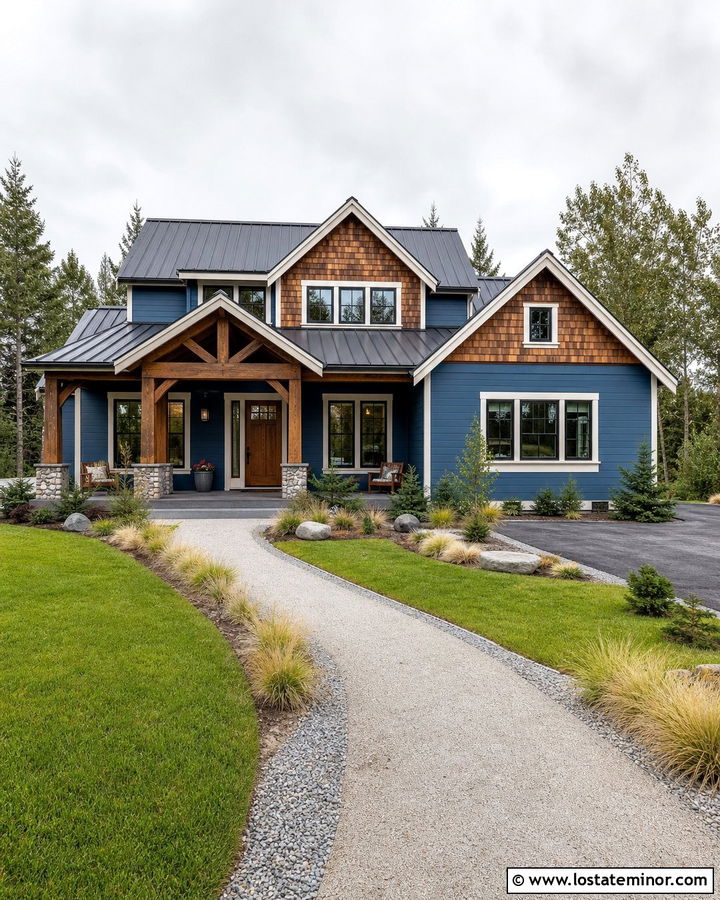 Denim Blue Cedar Shake With Cedar Porch Posts - 30 Denim Blue House Design With Cedar Shake Ideas