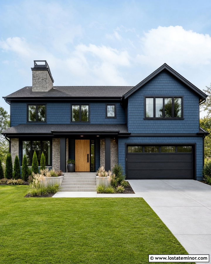 Denim Blue Cedar Shake With Charcoal Trim - 30 Denim Blue House Design With Cedar Shake Ideas