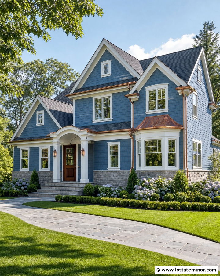 Denim Blue Cedar Shake With Copper Accents - 30 Denim Blue House Design With Cedar Shake Ideas