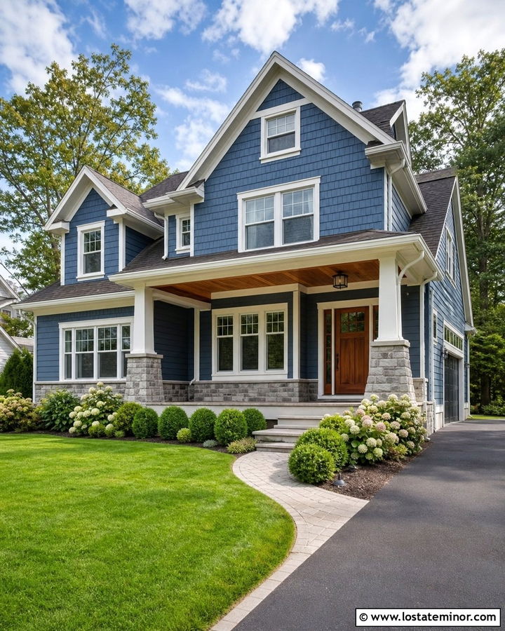 Denim Blue Cedar Shake With Cream Trim - 30 Denim Blue House Design With Cedar Shake Ideas