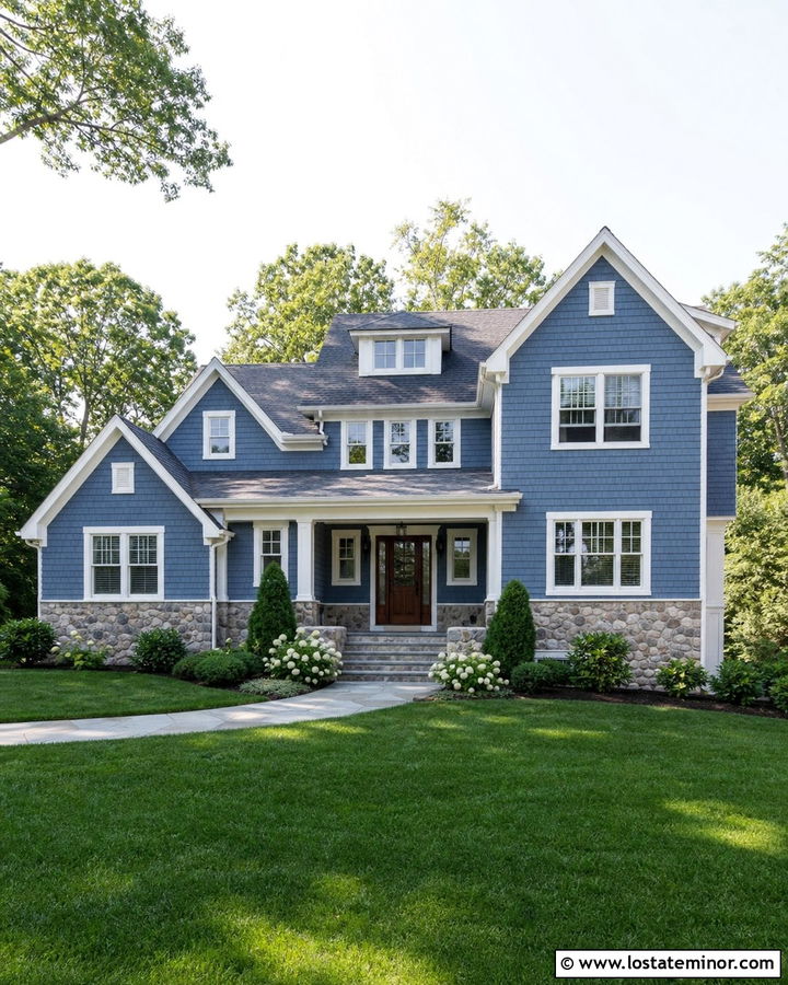 Denim Blue Cedar Shake With Fieldstone Foundation - 30 Denim Blue House Design With Cedar Shake Ideas