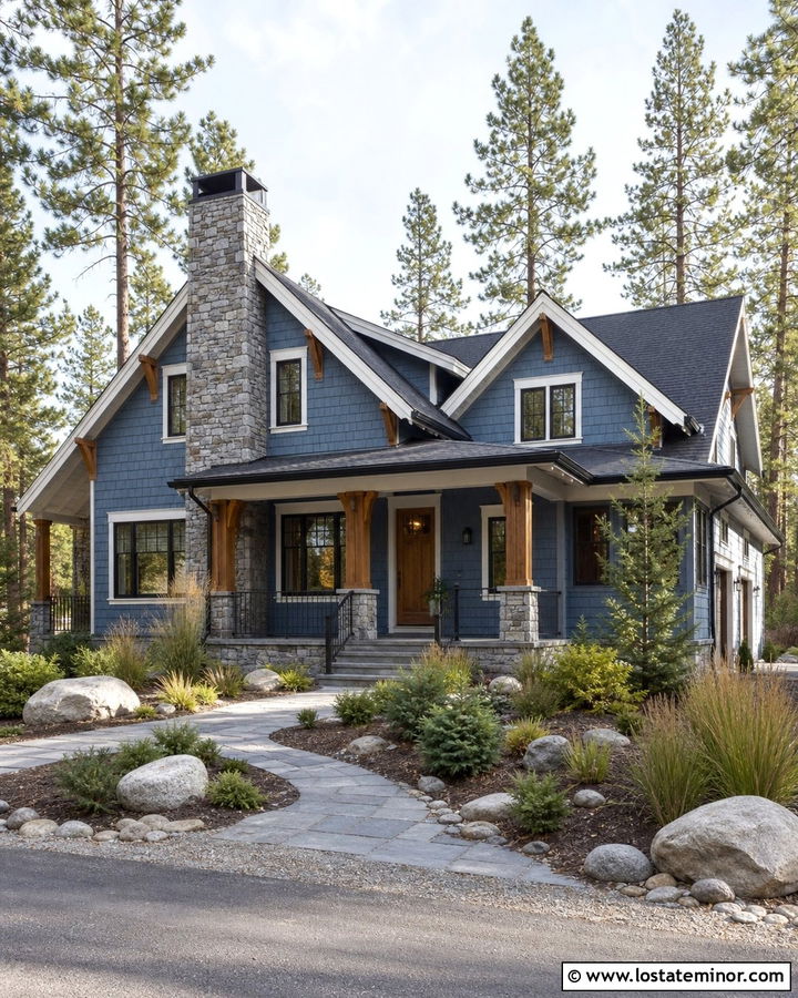 Denim Blue Cedar Shake With Gray Stone - 30 Denim Blue House Design With Cedar Shake Ideas