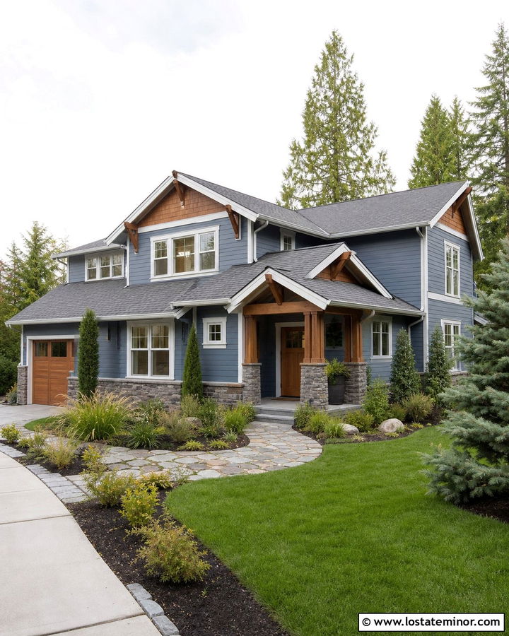 Denim Blue Cedar Shake With Natural Wood Door - 30 Denim Blue House Design With Cedar Shake Ideas