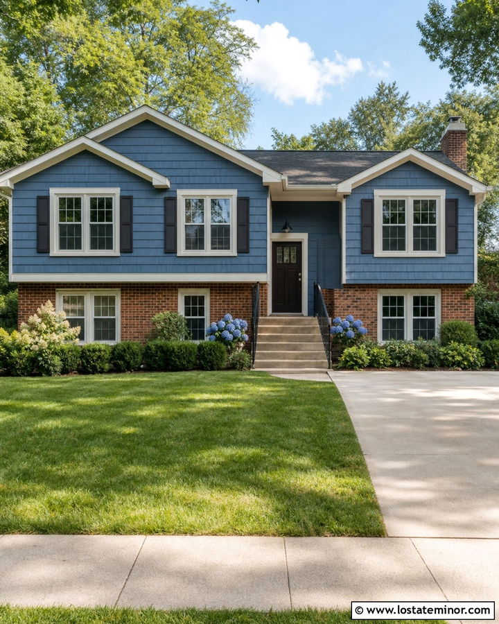 Denim Blue Cedar Shake With Red Brick - 30 Denim Blue House Design With Cedar Shake Ideas