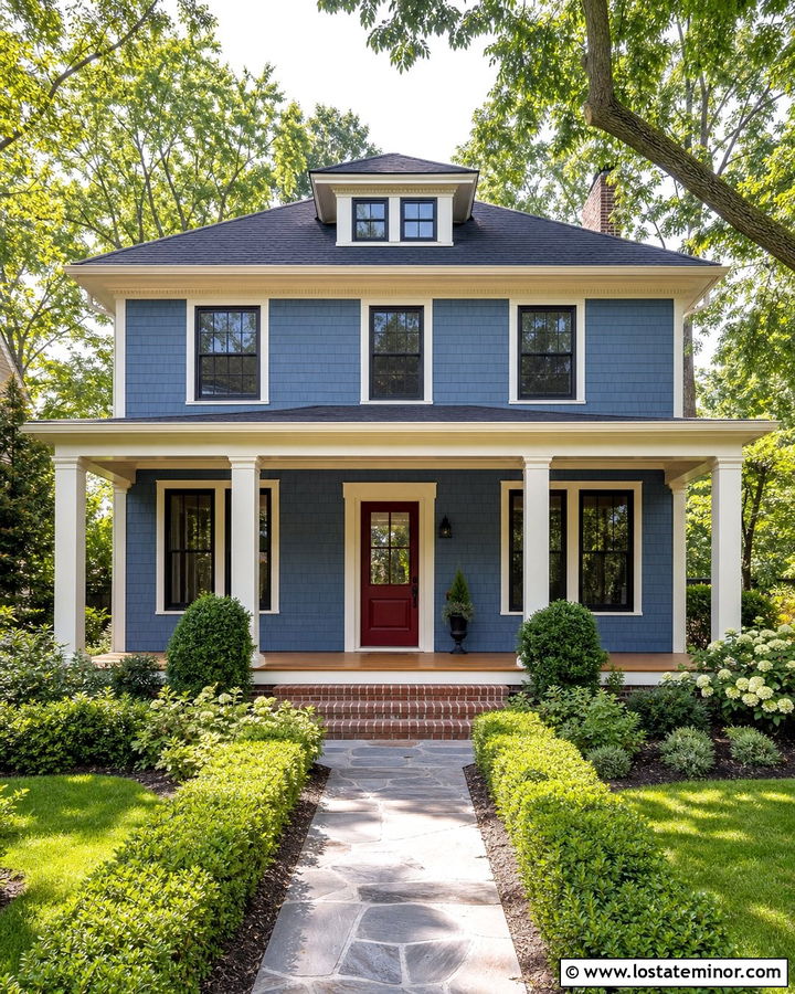 Denim Blue Cedar Shake With Red Front Door - 30 Denim Blue House Design With Cedar Shake Ideas