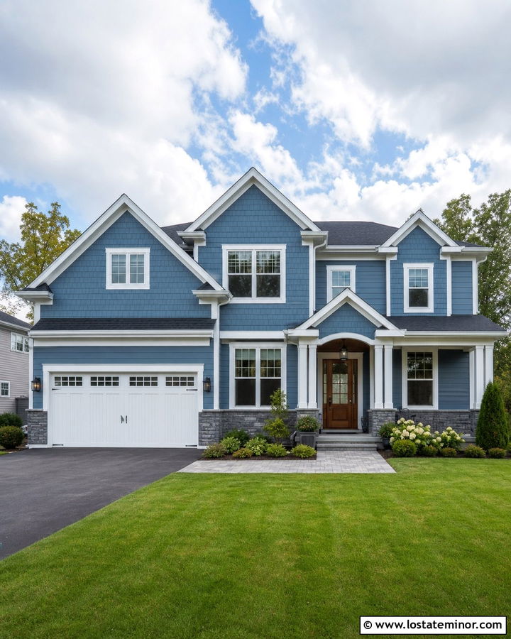Denim Blue Cedar Shake With White Garage Door - 30 Denim Blue House Design With Cedar Shake Ideas