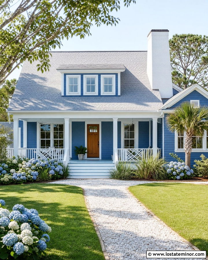 Denim Blue Coastal Cottage With White Brick Chimney - 30 Denim Blue House Design With Chimney Ideas