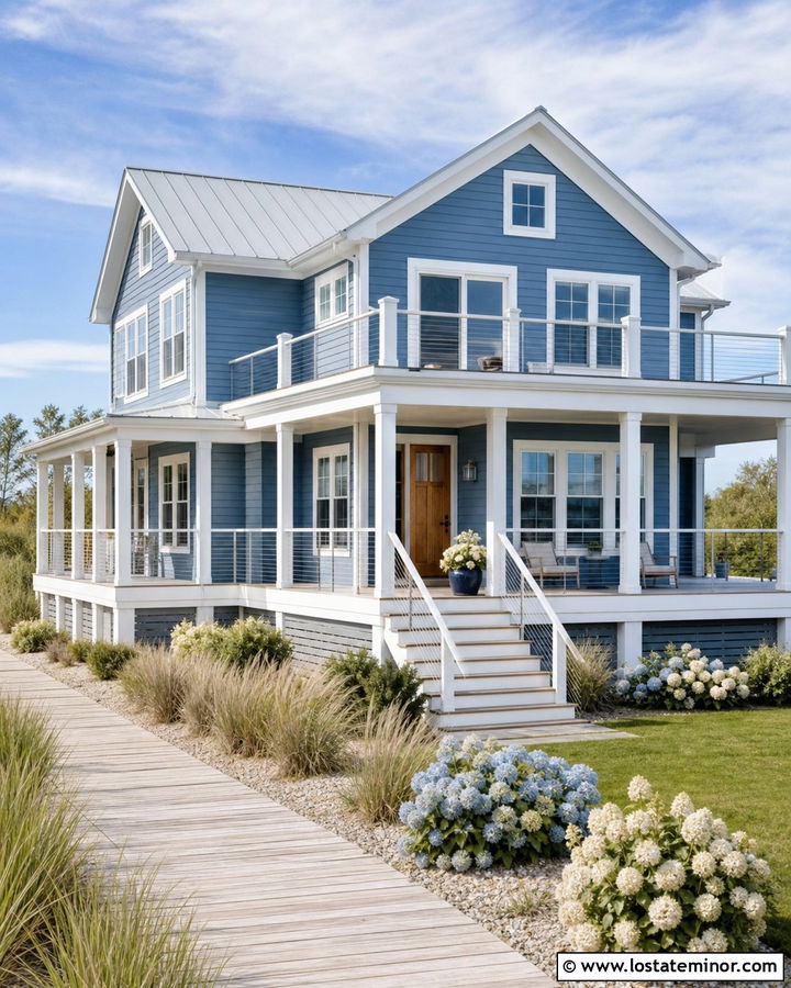 Denim Blue Coastal House With Cable Railings - 30 Denim Blue House Design With Railings Ideas