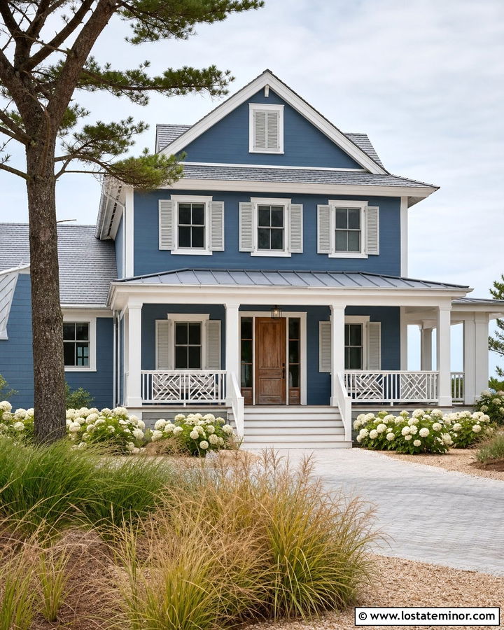 Denim Blue Coastal House With Light Gray Shutters - 30 Denim Blue House Design With Shutters Ideas
