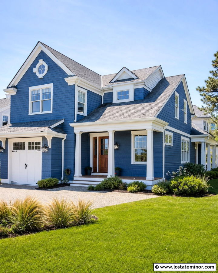 Denim Blue Coastal House With Nickel Lanterns - 30 Denim Blue House Design With Light Fixtures Ideas