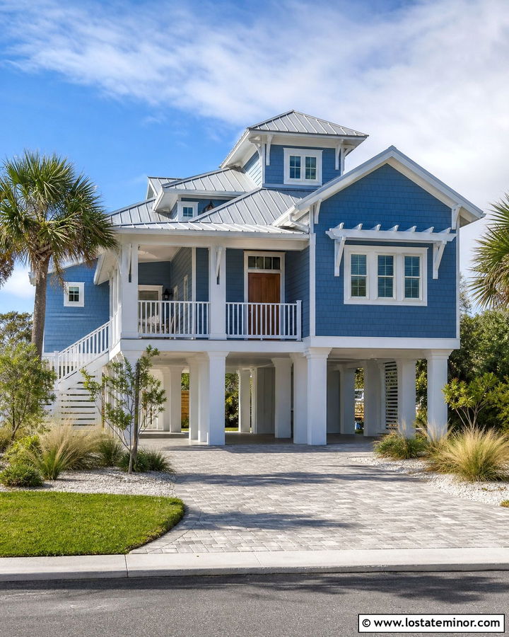 Denim Blue Coastal House With Open Carport - 30 Denim Blue House Design With Carport Ideas
