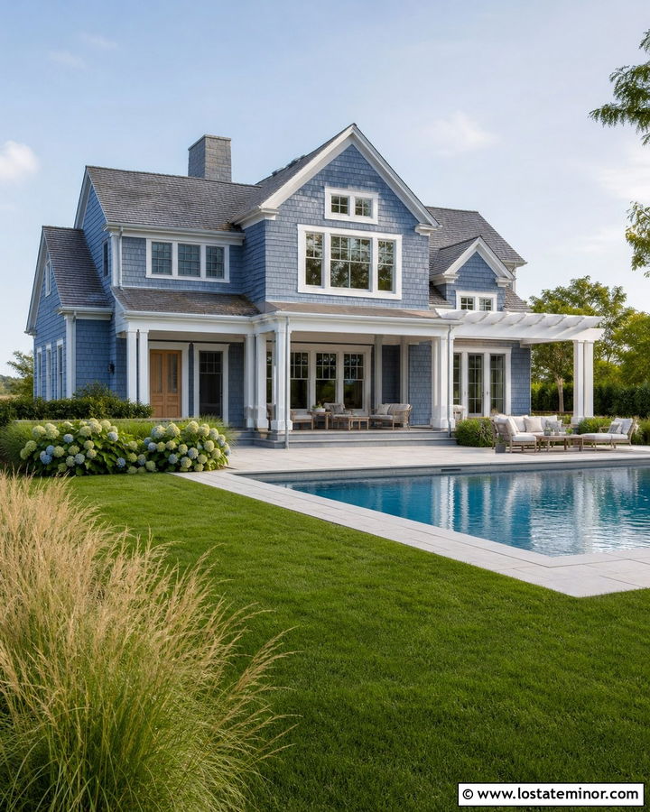 Denim Blue Coastal House With Pool And Shingle Siding - 30 Denim Blue House Design With Swimming Pool Ideas