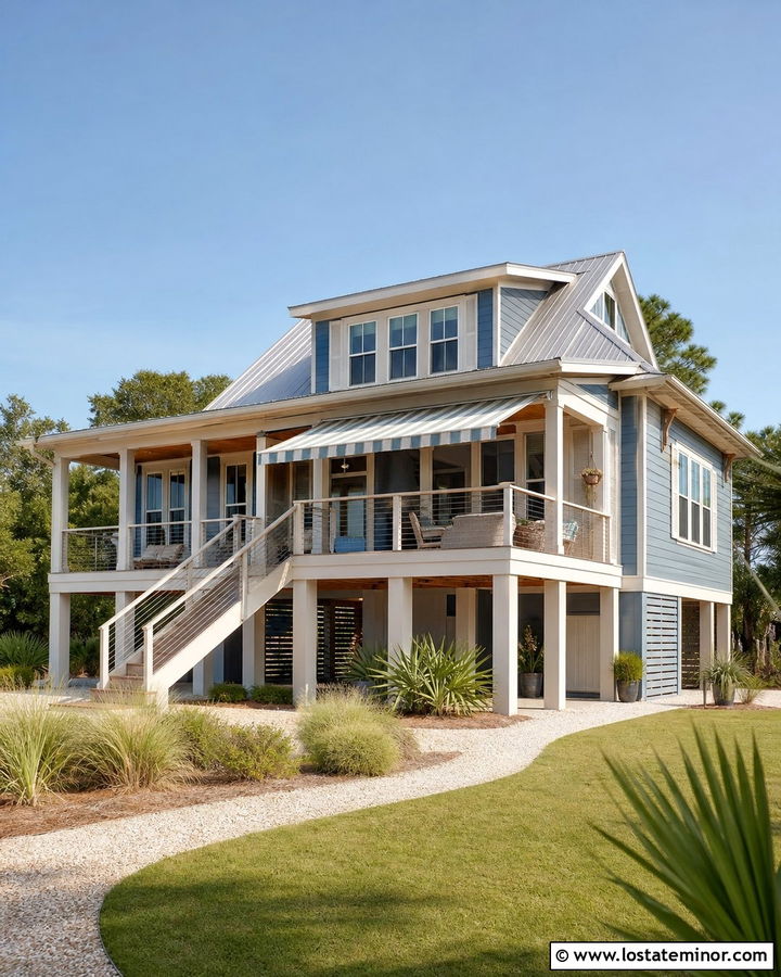 Denim Blue Coastal House With Retractable Awning - 30 Denim Blue House Design With Awning Ideas