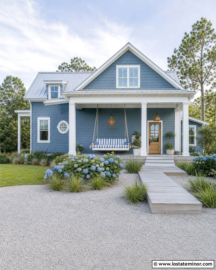 Denim Blue Coastal House With Rope Daybed - 30 Denim Blue House Design With Daybed Ideas