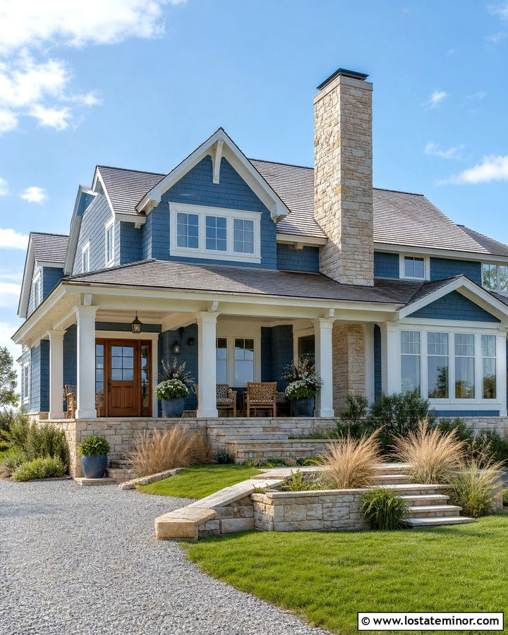 Denim Blue Coastal House With Sandstone - 30 Denim Blue House Design With Stone Accents Ideas