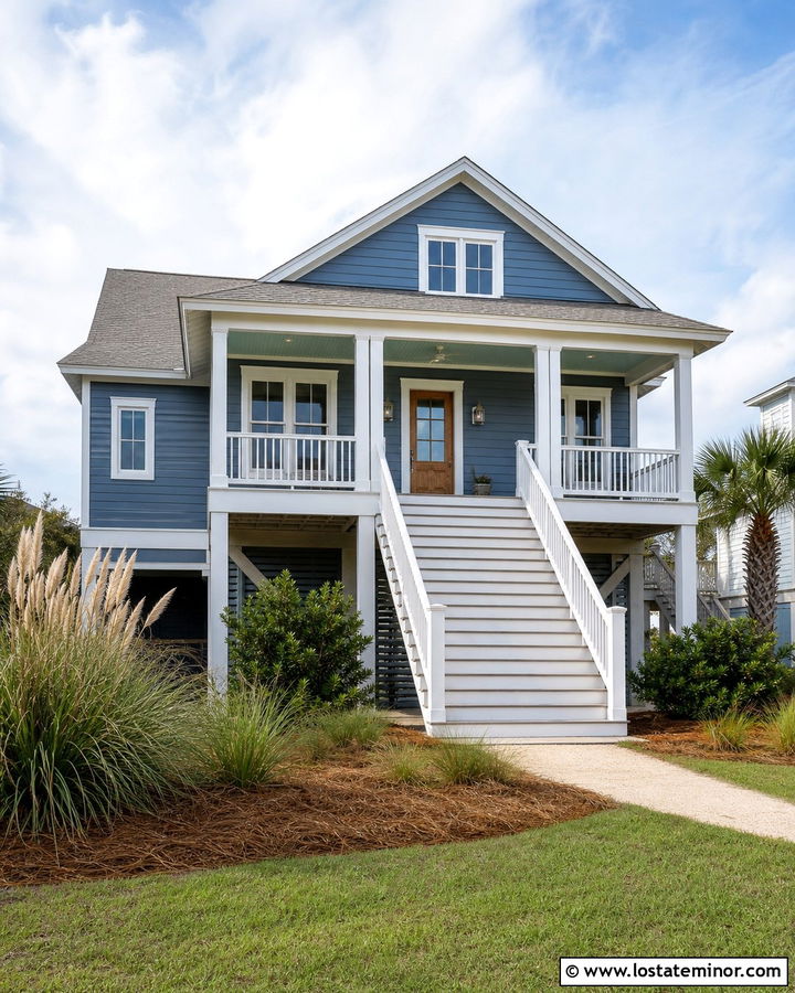 Denim Blue Coastal House With Seafoam Porch Ceiling - 30 Denim Blue House Design With Porch Ceiling Ideas