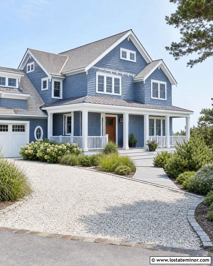 Denim Blue Coastal House With Shell Driveway - 30 Denim Blue House Design With Driveway Ideas