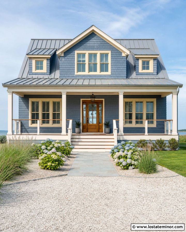 Denim Blue Coastal House With Soft Yellow Window Frames - 30 Denim Blue House Design With Window Frames Ideas