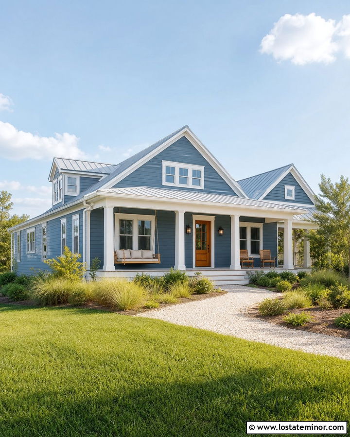 Denim Blue Coastal House With Teak Swing - 30 Denim Blue House Design With Swing Ideas