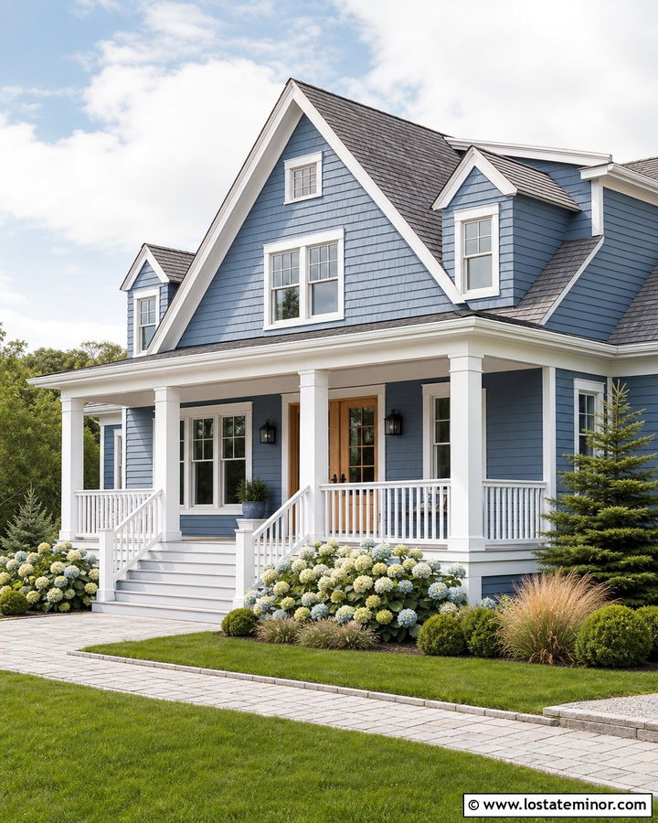Denim Blue Coastal House With White Columns - 30 Denim Blue House Design With Porch Columns Ideas