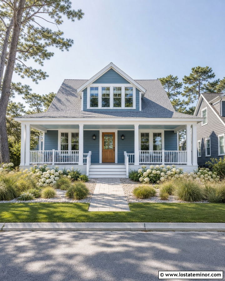 Denim Blue Coastal House With White Front Porch - 30 Denim Blue House Design With Front Porch Ideas