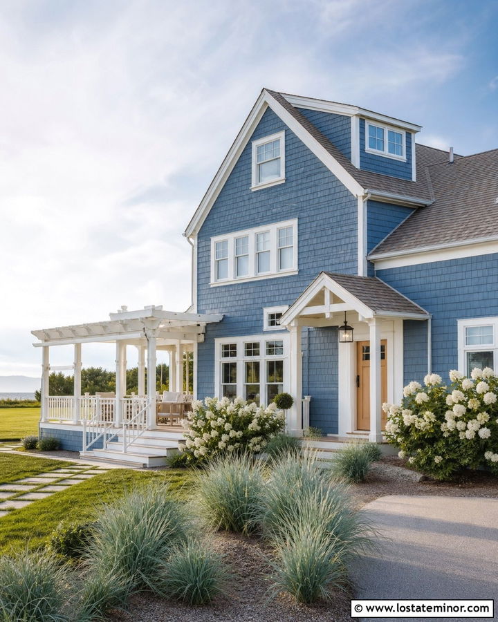 Denim Blue Coastal House With White Pergola - 30 Denim Blue House Design With Pergola Ideas