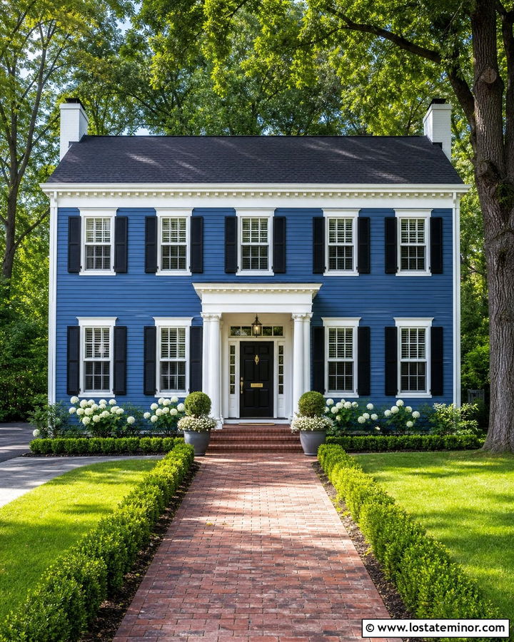 Denim Blue Colonial House With Black Shutters - 30 Denim Blue House Design With Shingles Ideas