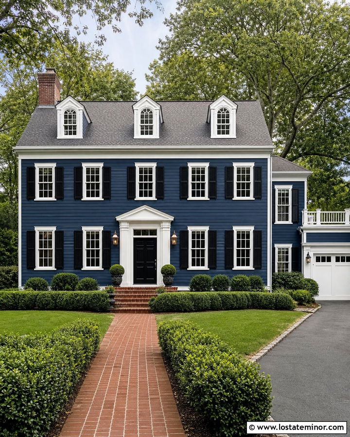 Denim Blue Colonial House With Brass Sconces - 30 Denim Blue House Design With Lighting Ideas