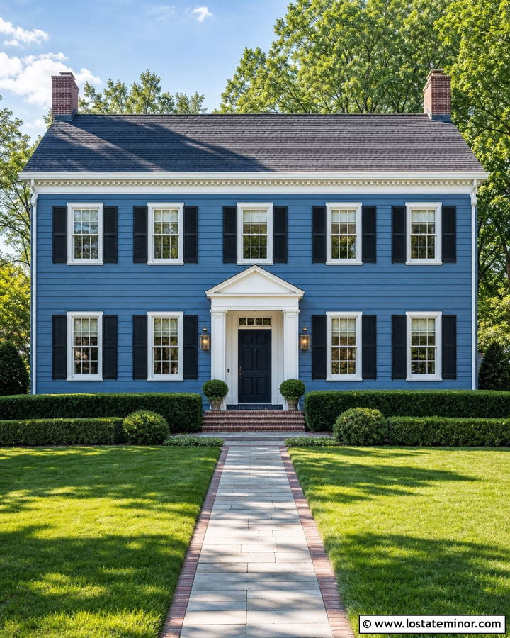 Denim Blue Colonial House With Brass Sconces - 30 Denim Blue House Design With Light Fixtures Ideas