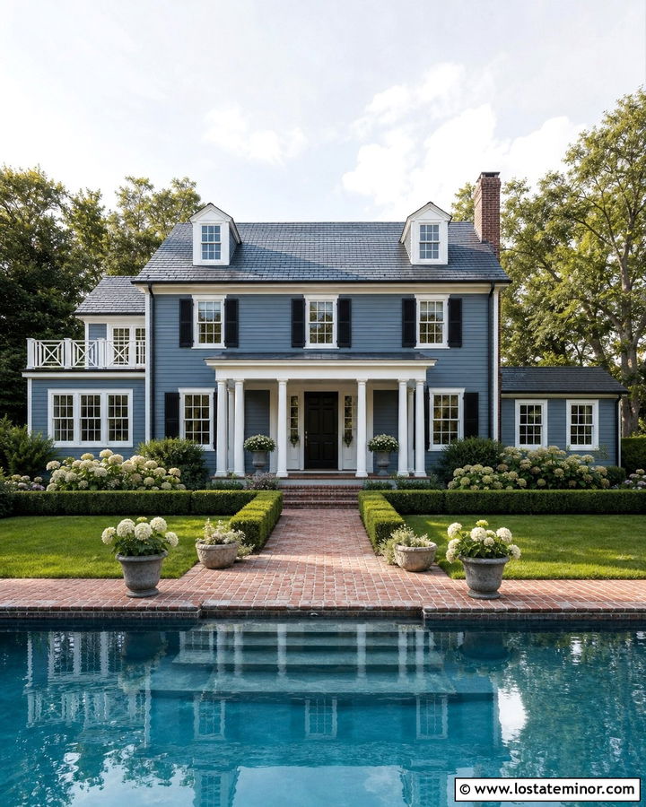 Denim Blue Colonial House With Brick Pool Deck - 30 Denim Blue House Design With Swimming Pool Ideas