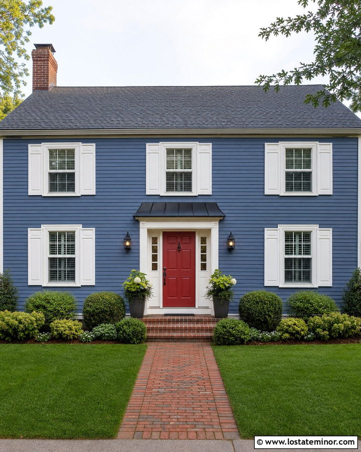 Denim Blue Colonial House With Door Awning - 30 Denim Blue House Design With Awning Ideas