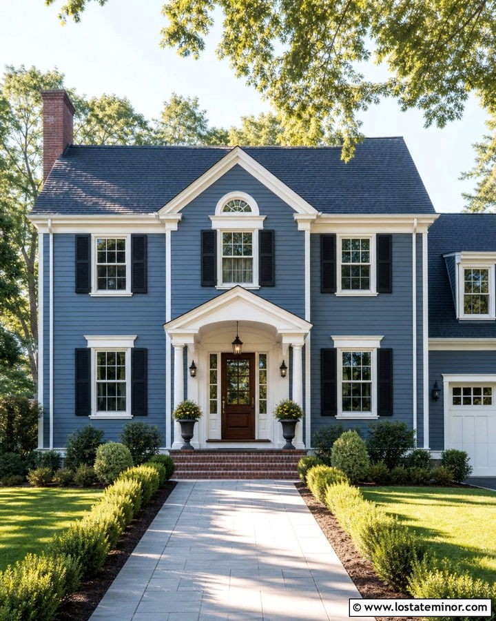 Denim Blue Colonial House With Gables - 30 Denim Blue House Design With Gables Ideas