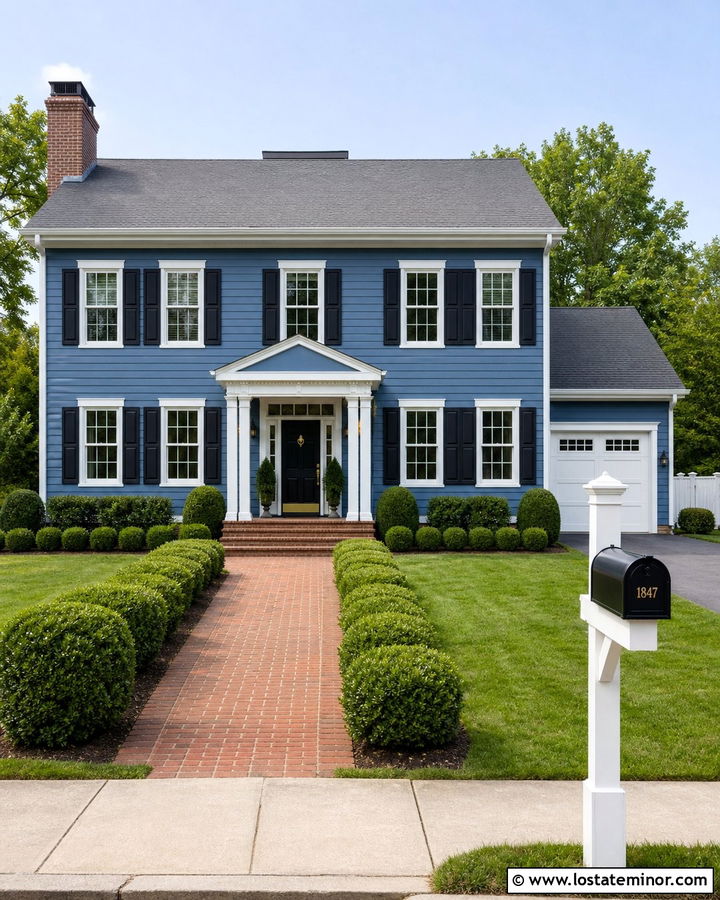 Denim Blue Colonial House With White Mailbox Post - 30 Denim Blue House Design With Mailbox Ideas