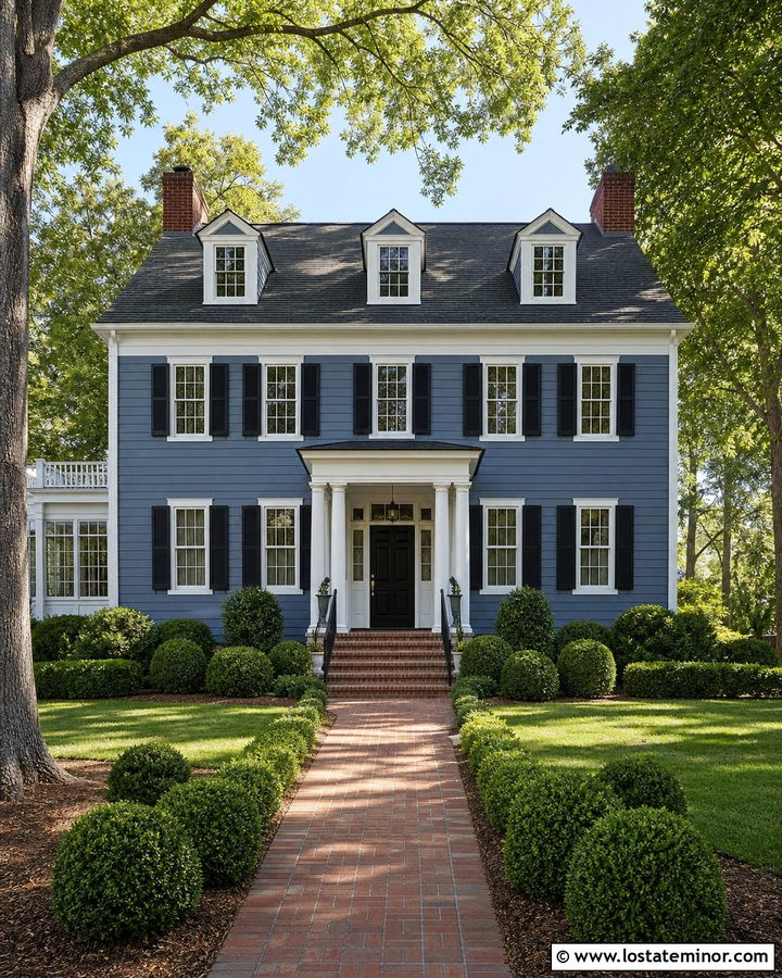 Denim Blue Colonial House With White Window Frames - 30 Denim Blue House Design With Window Frames Ideas